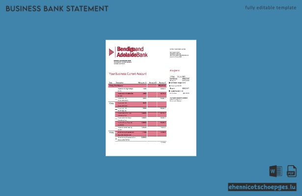 Bendigo and Adelaide Bank Firmenkontoauszug – Beispielansicht (Word und PDF)